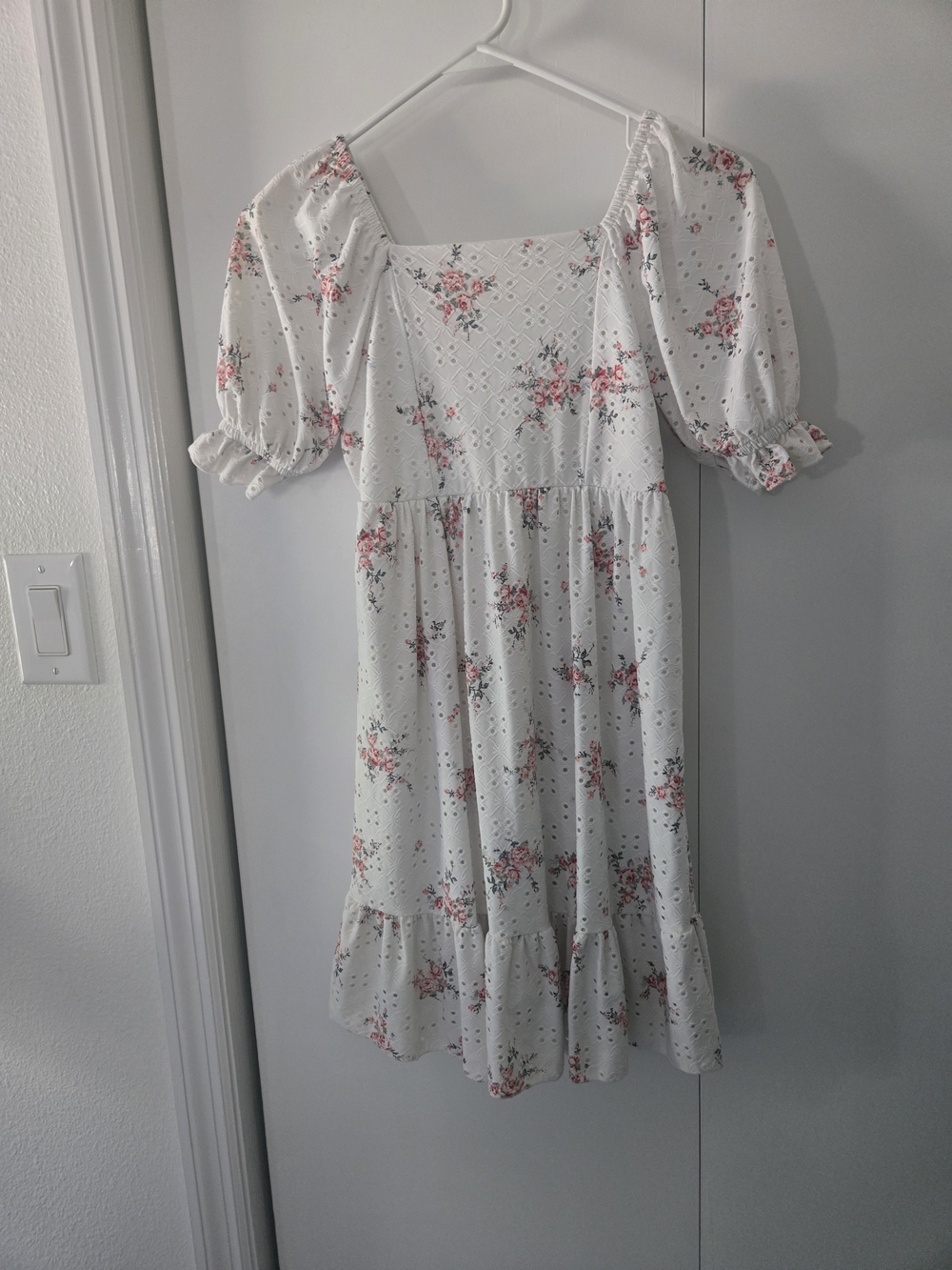 Beautees White Floral Puff Sleeve Dress with Pink Accents